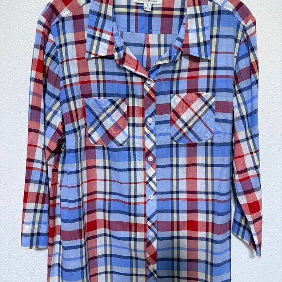 Studio Works Button Down Shirt Red White Blue Plaid Womans XL - Picture 1 of 6